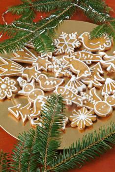 Christmas gingerbread cookies on a golden plate
