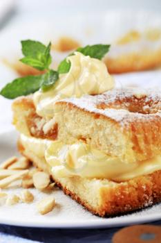 Slices of apricot sponge cake with pudding cream