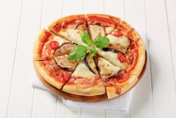 Pizza topped with cheese and slices of eggplant 