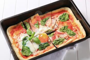 Pizza Alla Bismarck in a rectangular tray