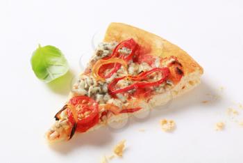 Slice of blue cheese pizza with strips of peppers on top