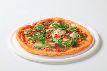 Cheese pizza sprinkled with fresh arugula 