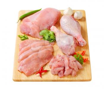 Raw turkey meats and cuts on cutting board