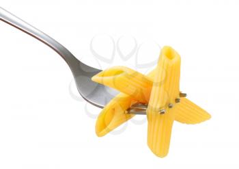 Cooked penne pasta on fork
