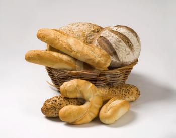 Various types of bread in a wicker basket
