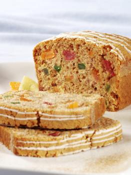 Detail of a fruitcake - two slices cut off