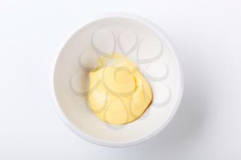Overhead view of homemade mayonnaise in a bowl