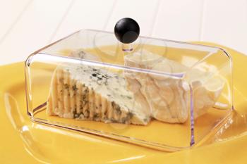 Two kinds of cheese under a transparent lid