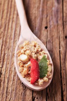 Granola with chopped nuts on a wooden spoon