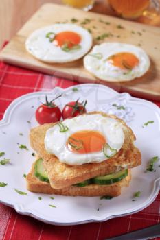 Breakfast of fried eggs on toasted bread