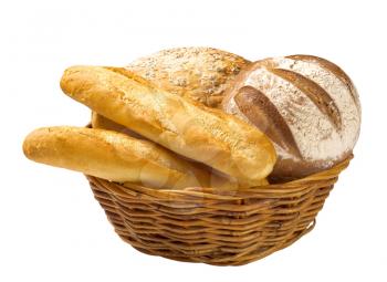 Bread loaves and baguettes in a wicker basket