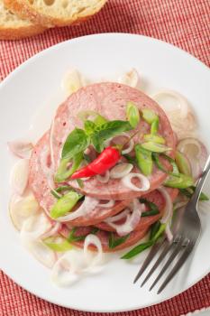 Sliced Mortadella-like sausage sprinkled with onion