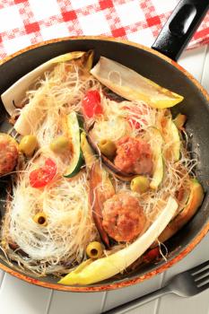 Dish of meatballs with cellophane noodles and vegetables