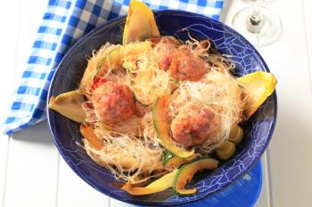 Dish of meatballs with cellophane noodles and vegetables