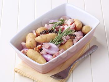 Ingredients to prepare potato casserole - closeup