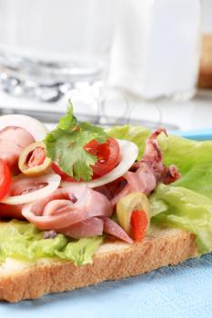 Calamari salad open faced sandwich - closeup