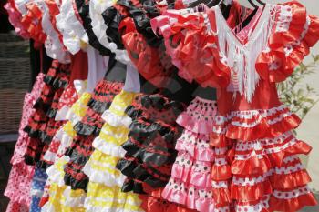 Flamenco dresses at a market
