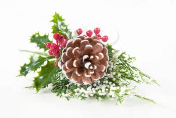 Christmas decoration - sprig oh holly and pine cone