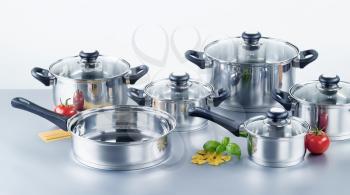 Set of stainless steel pots and pans 