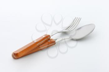 Dinner fork and spoon with wooden handles