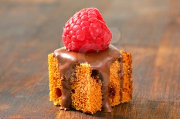 Bite-sized gingerbread square with liquid chocolate and fresh raspberry on top