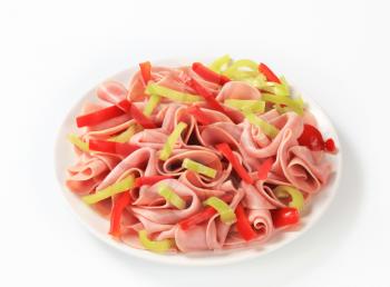 Thinly sliced ham and strips of fresh pepper