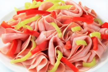 Thinly sliced ham and strips of fresh pepper