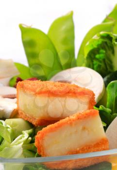 Green salad with pieces of fried cheese
