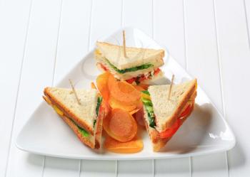 Vegetable double decker sandwiches and spicy crisps