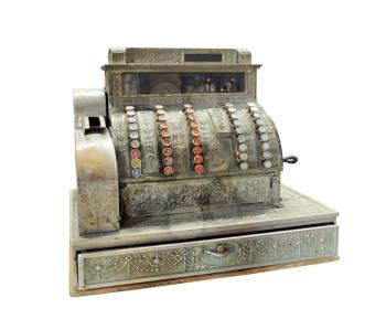 Antique crank-operated cash register - isolated on white