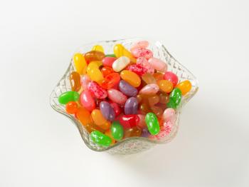 Assorted jelly beans in a glass bowl