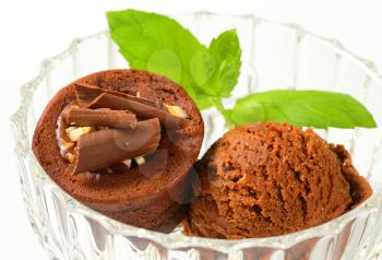 Mini chocolate cake and scoop of ice cream