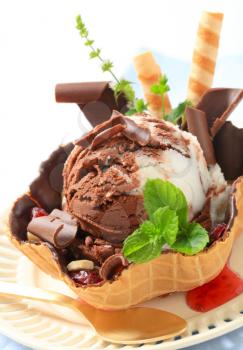 Chocolate vanilla Ice cream served in waffle basket