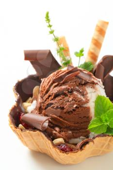 Chocolate vanilla Ice cream served in waffle basket