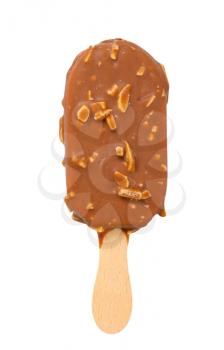 Chocolate-coated block of ice cream on stick