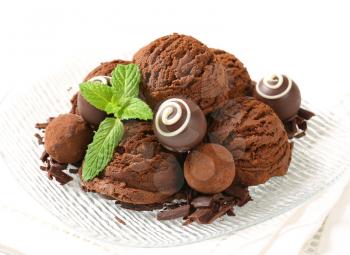 Scoops of chocolate ice cream and truffles