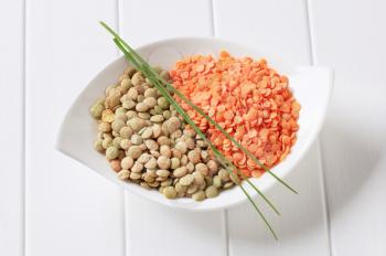 Raw red and brown lentils in a bowl