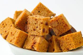 Gingerbread cake cut into bite-sized squares