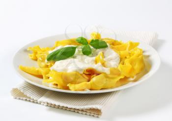 Dish of stuffed pasta with cheese sauce