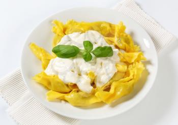 Dish of stuffed pasta with cheese sauce