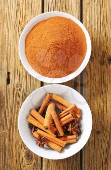 Bowls of cinnamon and star anise