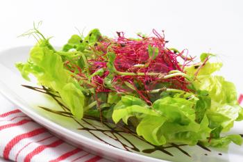 Mixed green salad garnished with balsamic vinegar