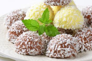Chocolate truffles rolled in coconut flakes