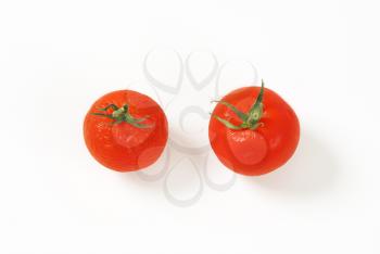 two tomatoes going bad, on white background
