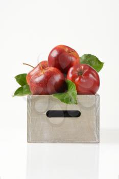 box of red apples on white background