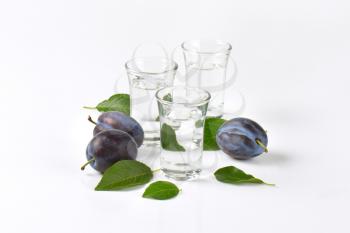 Plum brandy (slivovitz) in shot glasses and fresh damson plums