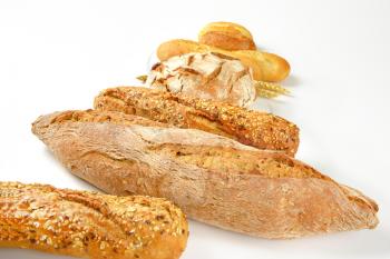 assorted bread loaves, rolls and baguettes