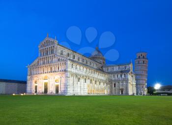 The Duomo and Leaning Tower of Pisa at dusk, Piazza Del Duomo, Campo dei Miracoli, Pisa, Italy, Europe