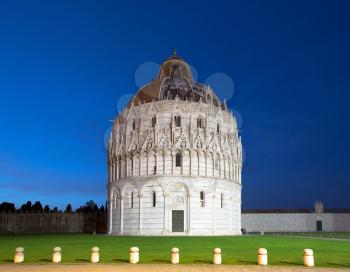 The Pisa Baptistry of St. John at night, Campo dei Miracoli, Pisa, Italy, Europe