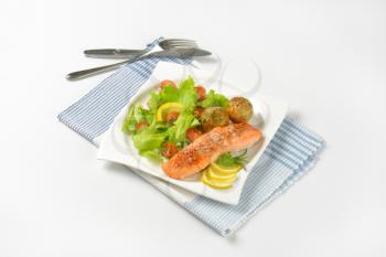 pan seared salmon fillet served with roasted potatoes and fresh vegetables